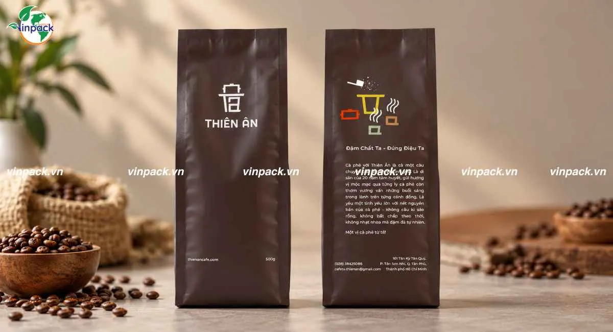 Thành phẩm bao bì cà phê Thiên Ân Coffee 500g mặt trước và mặt sau