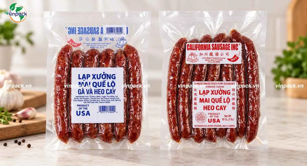Thành phẩm bao bì lạp xưởng California Sausage Inc túi 3 biên