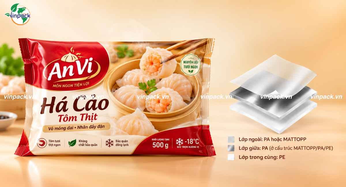 Cấu trúc màng ghép PA/PE và MATTOPP/PA/PE của bao bì há cảo