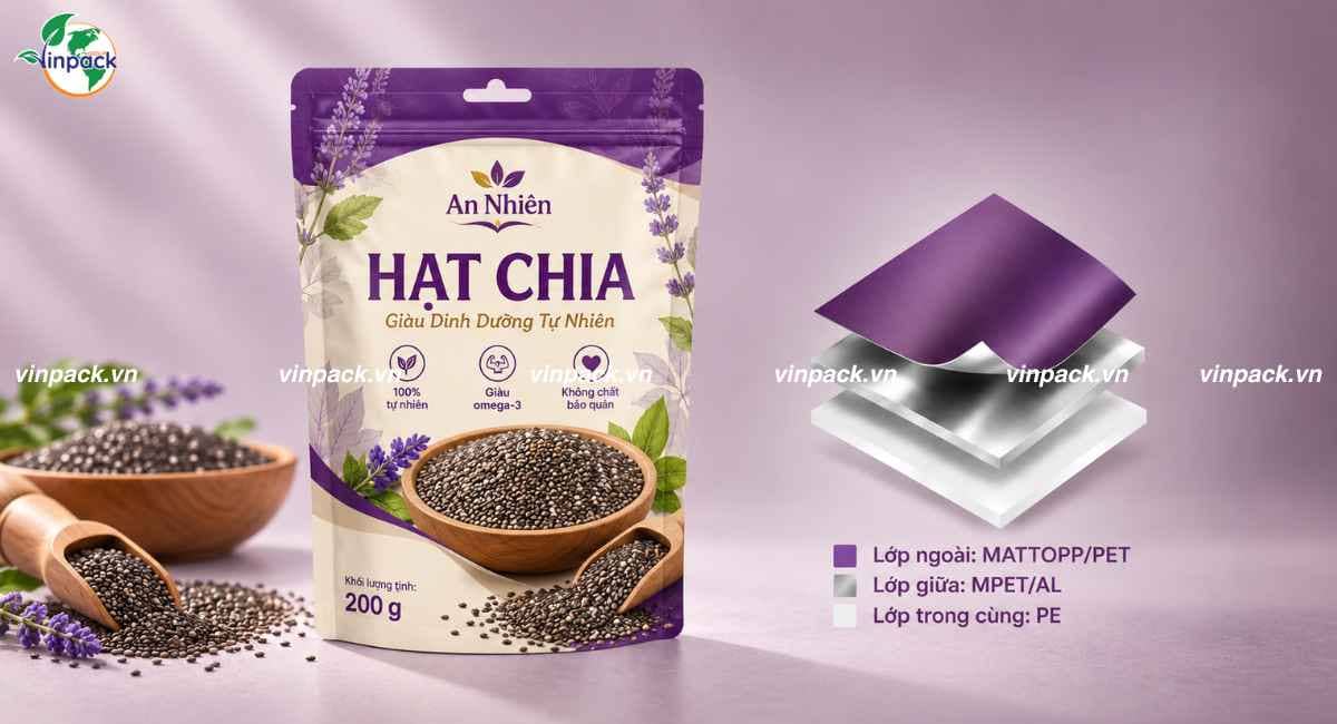 Cấu trúc màng ghép MATTOPP/MPET/PE, PET/MPET/PE và PET/AL/PE của bao bì hạt chia