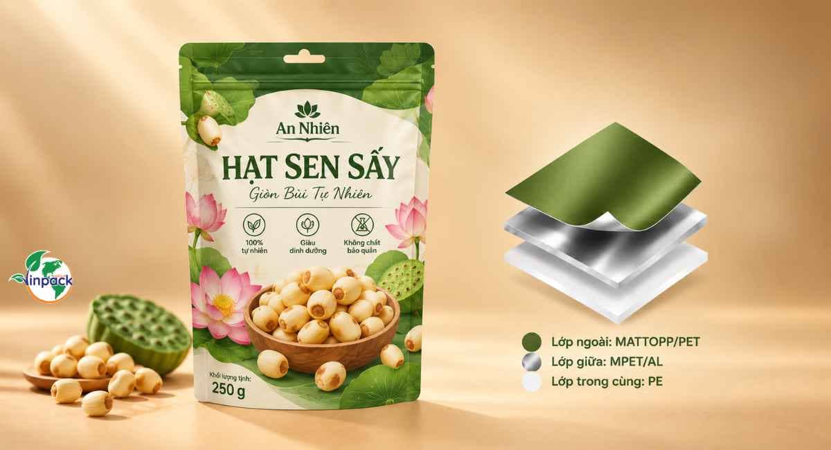 Cấu trúc màng ghép PET/MPET/PE, PET/AL/PE, MATTOPP/MPET/PE và MATTOPP/AL/PE của bao bì hạt sen sấy