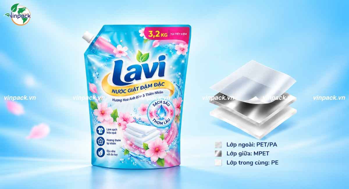 Cấu trúc màng ghép PET/MPET/PE, PET/PE và PA/PE của bao bì nước giặt