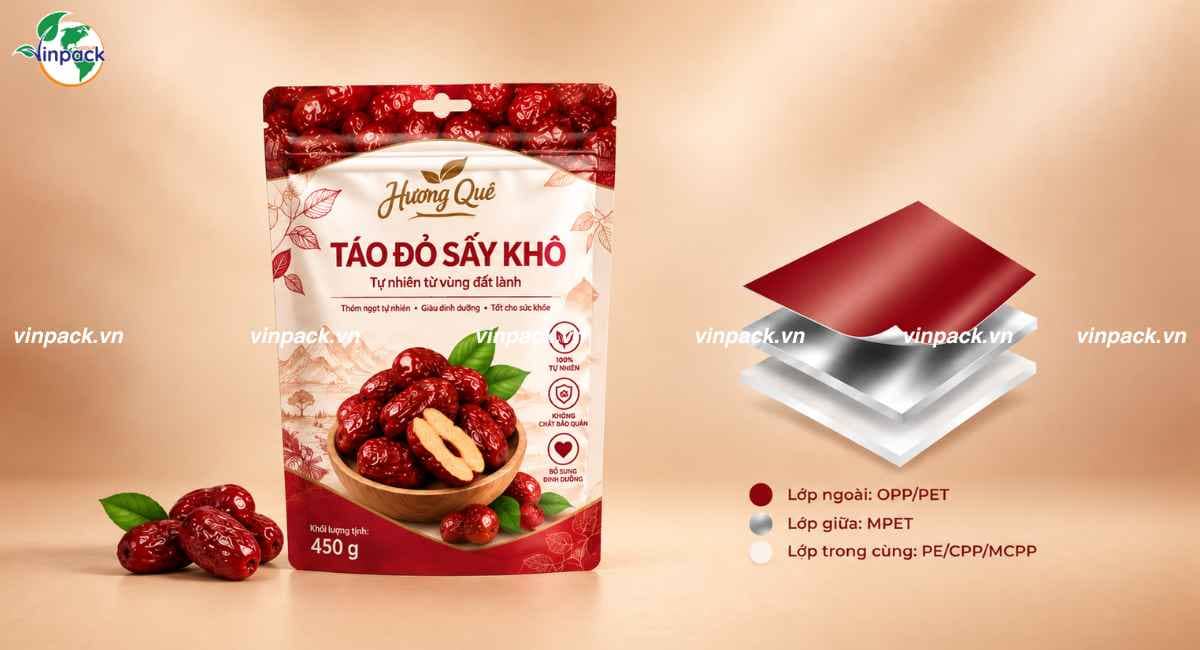 Cấu trúc màng bao bì táo đỏ sấy