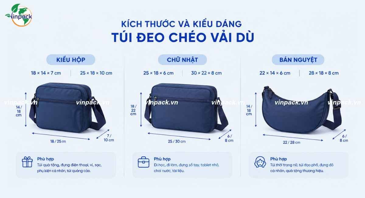 Kích thước túi đeo chéo vải dù