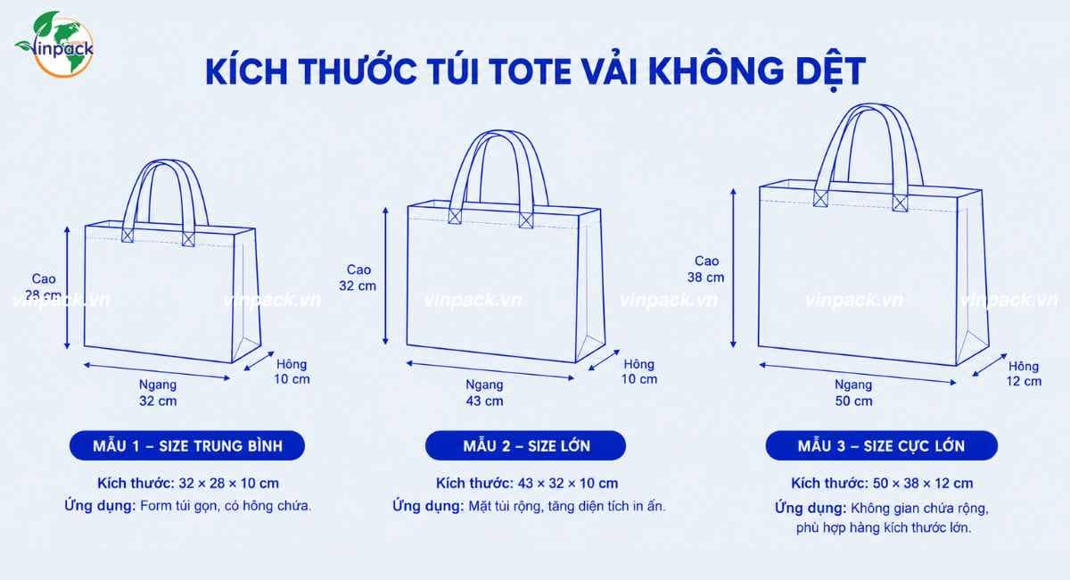 Kích thước túi tote vải không dệt