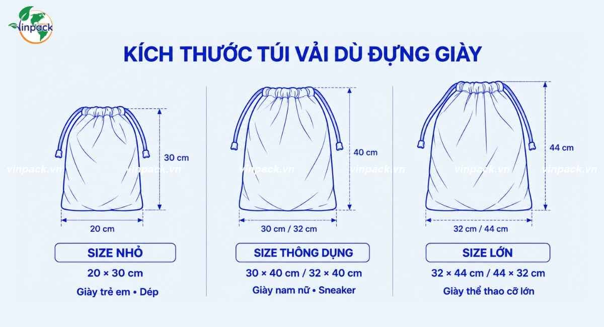 Kích thước túi vải dù đựng giày