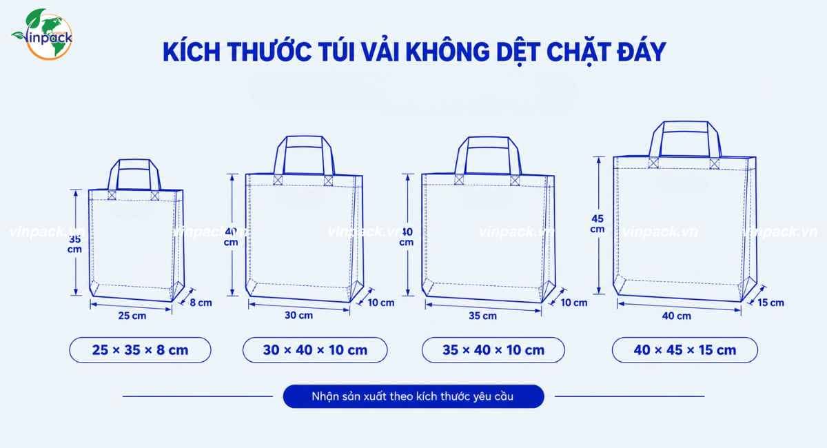 Kích thước túi vải không dệt chặt đáy