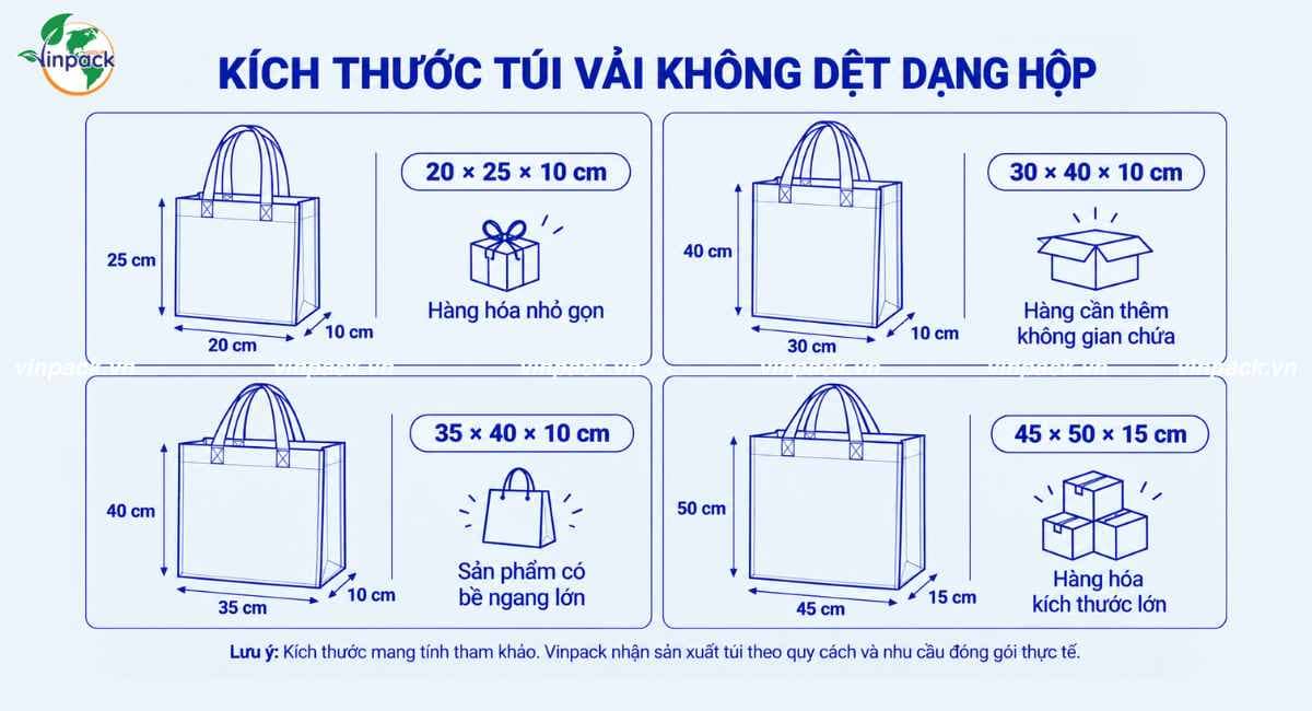 Kích thước túi vải không dệt dạng hộp