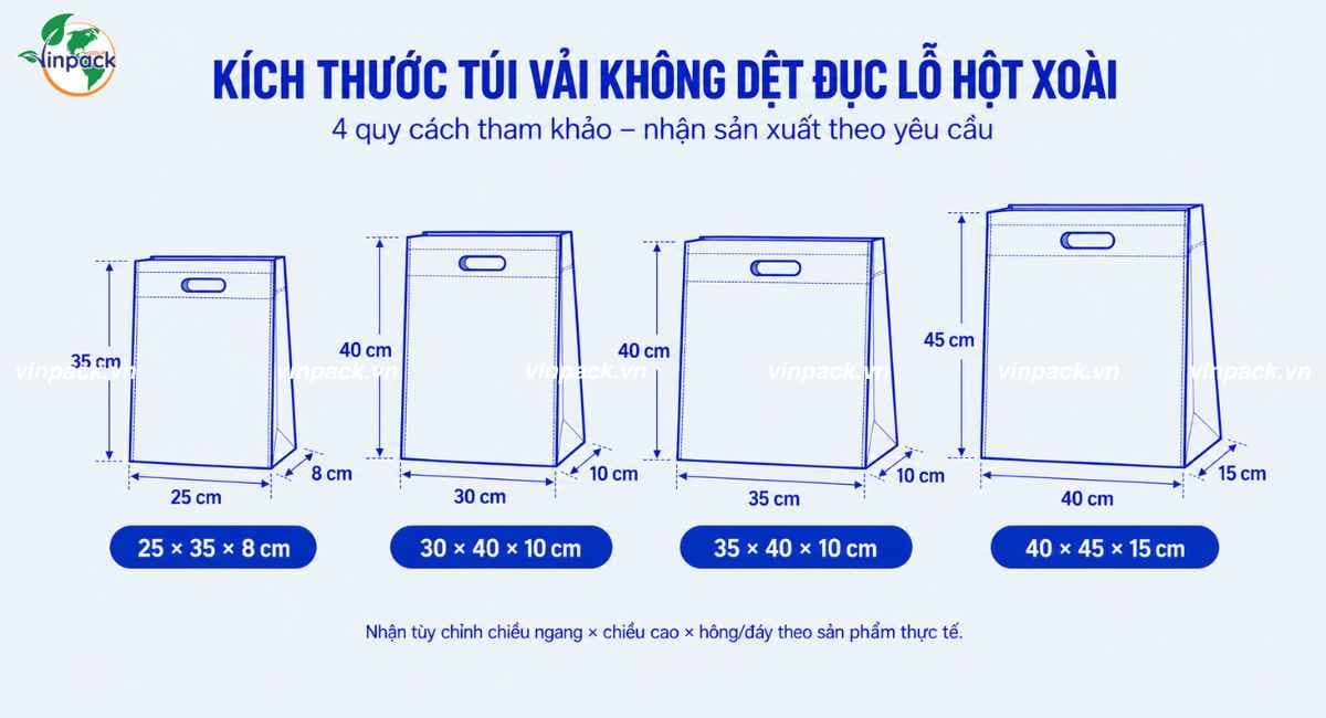 Kích thước túi vải không dệt đục lỗ hột xoài