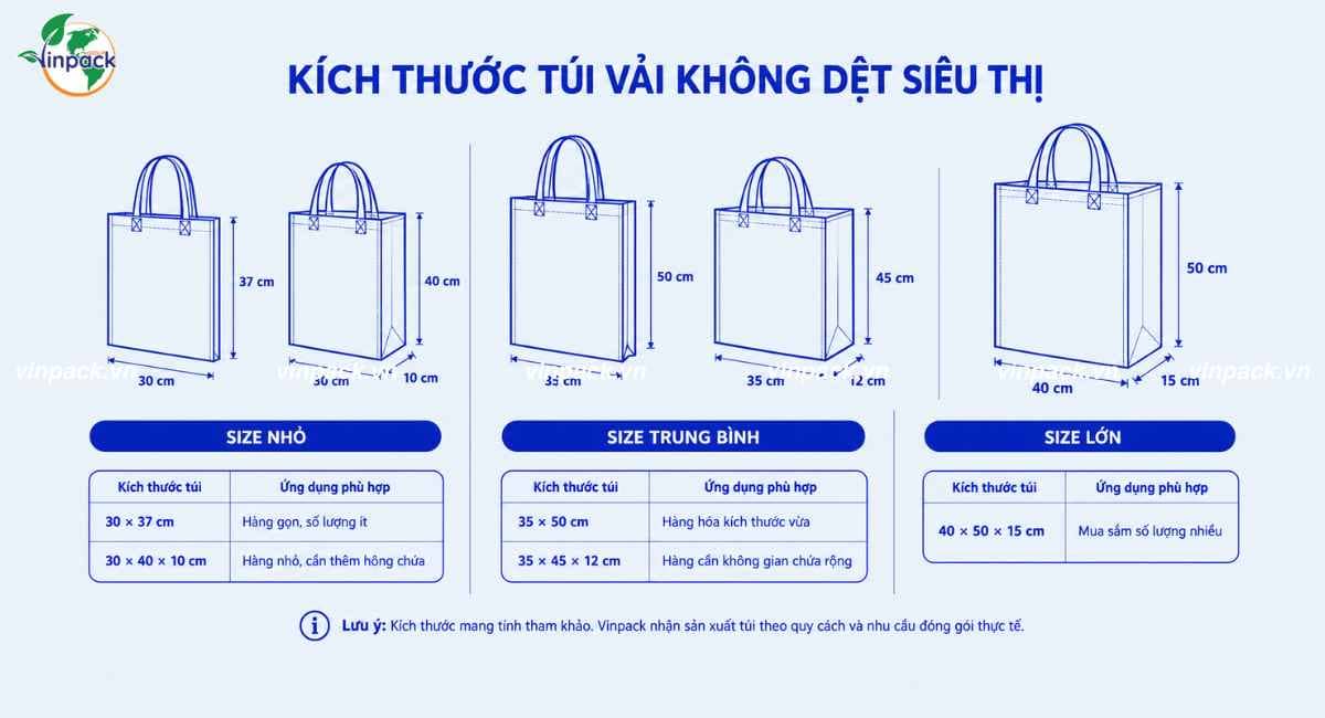 Kích thước túi vải không dệt siêu thị