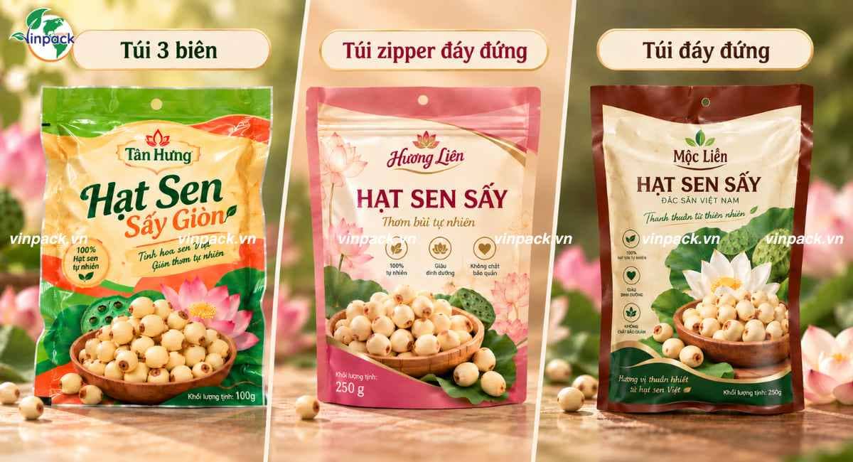 Các kiểu túi dùng cho bao bì hạt sen sấy