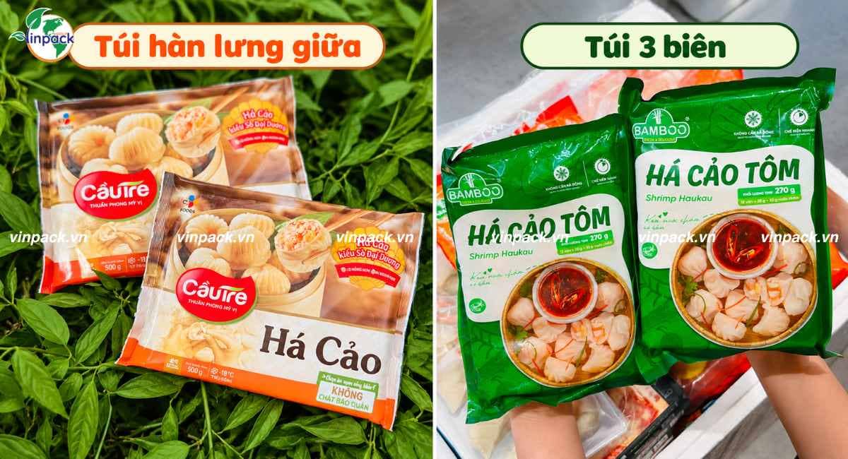 Kiểu túi hàn lưng giữa và túi 3 biên dùng cho bao bì há cảo