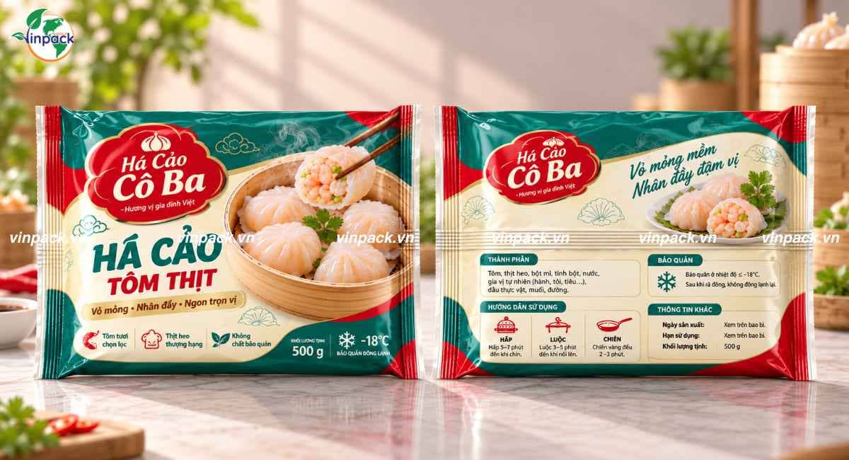 Mẫu bao bì há cảo dạng túi hàn lưng giữa