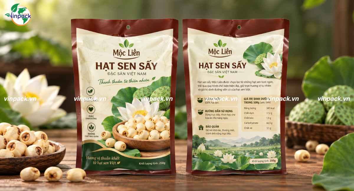 Mẫu bao bì hạt sen sấy dạng túi đáy đứng