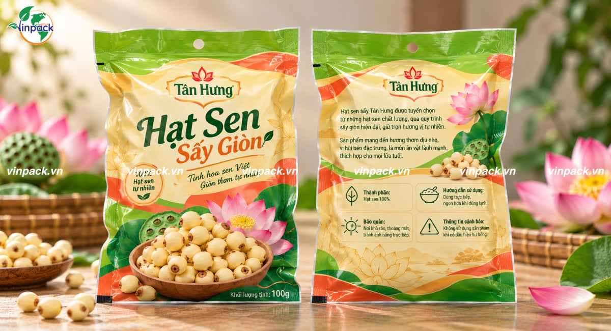 Mẫu bao bì hạt sen sấy dạng túi 3 biên