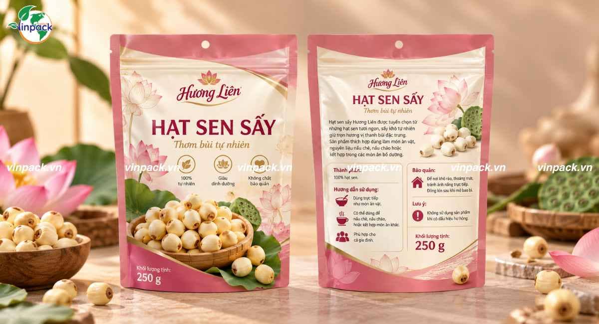 Mẫu bao bì hạt sen sấy màng ghép in theo yêu cầu