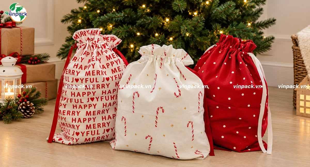 Mẫu túi vải bố dây rút đựng quà noel