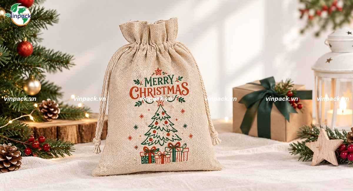 Mẫu túi vải đay dây rút đựng quà noel