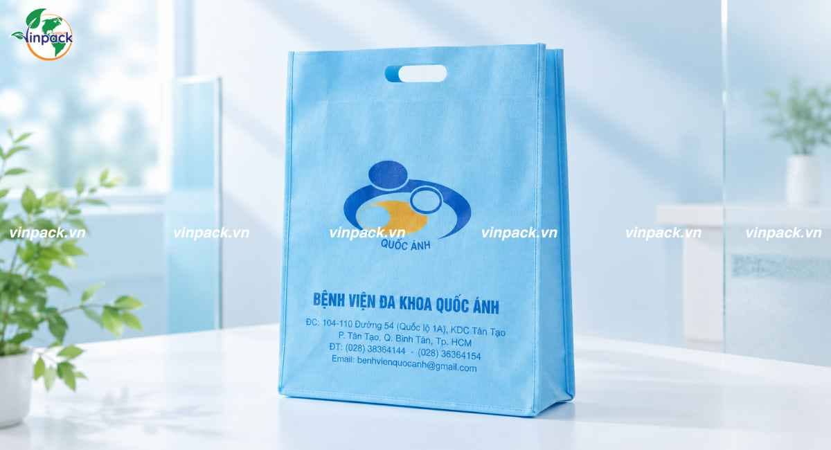 Mẫu túi vải không dệt đục lỗ hột xoài bệnh viện