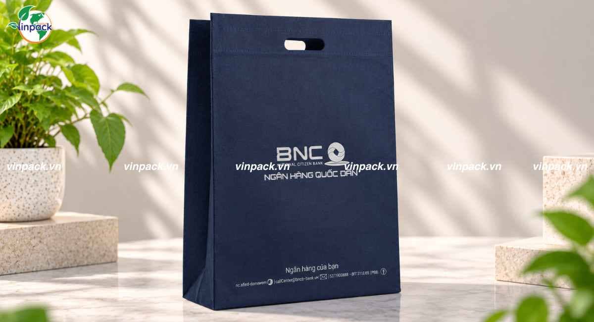 Mẫu túi vải không dệt đục lỗ hột xoài ngân hàng